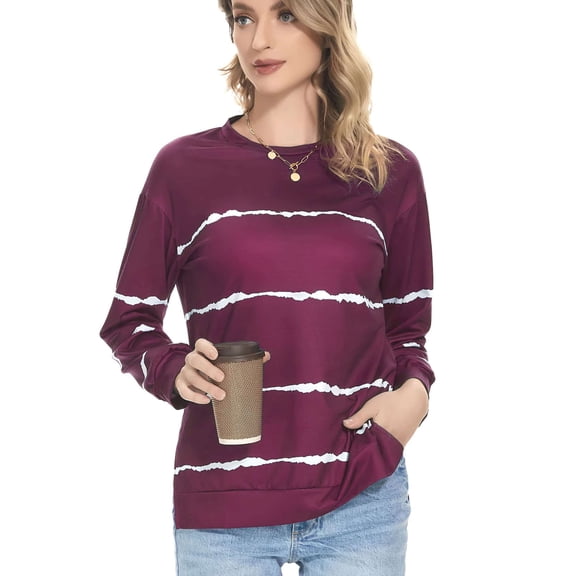 Gustave Women Casual Striped T Shirt Tops Long Sleeve Crew Neck Blouse Loose Tunic Sweatshirt Side Split Pullover Tee, Wine Red, S