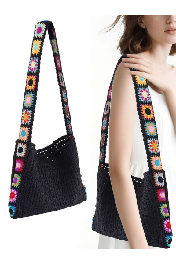 Women Crochet Tote Bag Hobo Crossbody Purse Embroidery Floral Knit Shoulder Handbag Summer Aesthetic Hollow Out Boho Beach Bag - Black