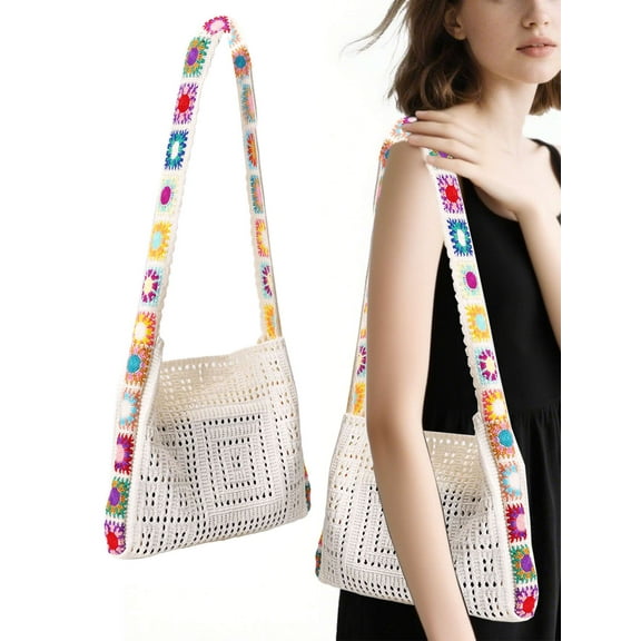 Gustave Women Crochet Tote Bag Hobo Crossbody Purse Embroidery Floral Knit Shoulder Handbag Summer Aesthetic Hollow Out Boho Beach Bag - White