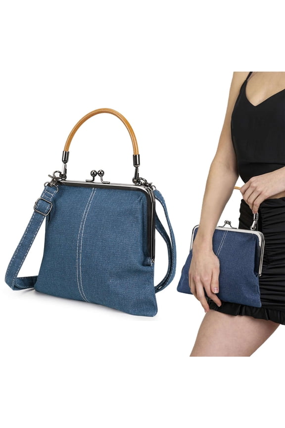 Women Denim Crossbody Handbag Purse Kiss Lock Vintage Clutch Evening Bag Top Handle Shoulder Satchel Bags, Blue