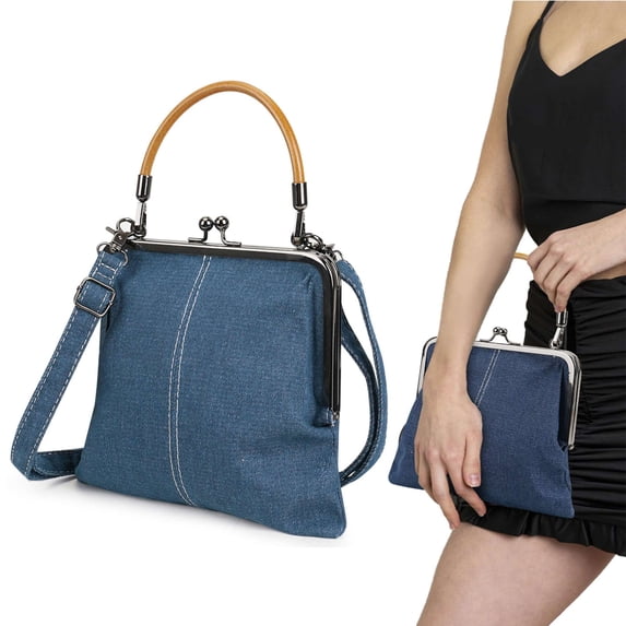 Gustave Women Denim Crossbody Handbag Purse Kiss Lock Vintage Clutch Evening Bag Top Handle Shoulder Satchel Bags, Blue