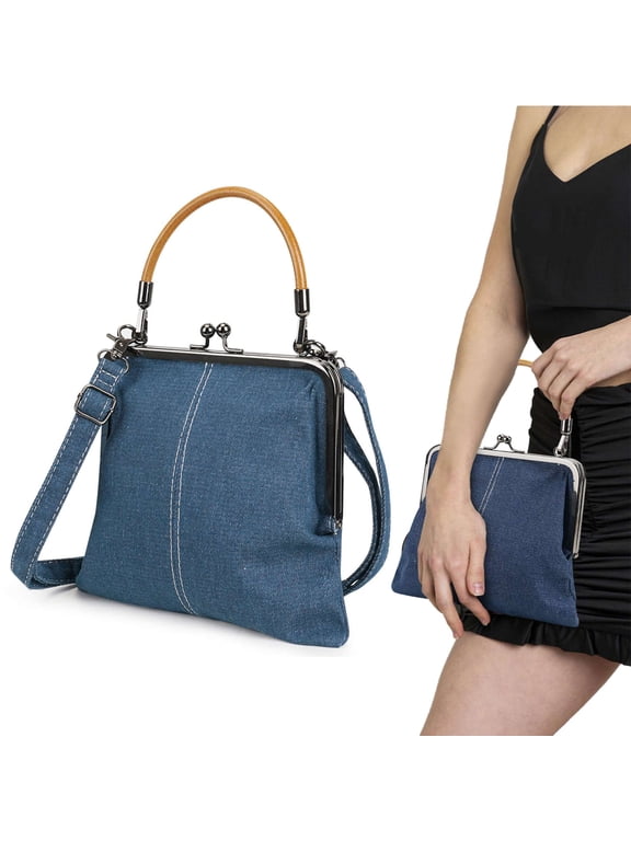 Women Denim Crossbody Handbag Purse Kiss Lock Vintage Clutch Evening Bag Top Handle Shoulder Satchel Bags, Blue