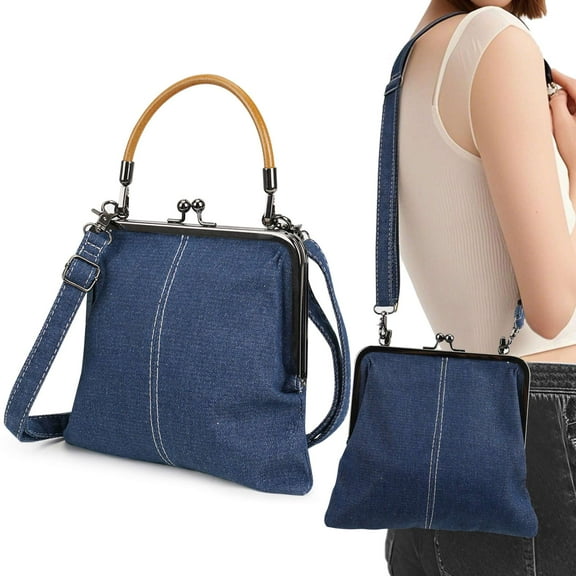 Gustave Women Denim Crossbody Handbag Purse Kiss Lock Vintage Clutch Evening Bag Top Handle Shoulder Satchel Bags, Navy Blue
