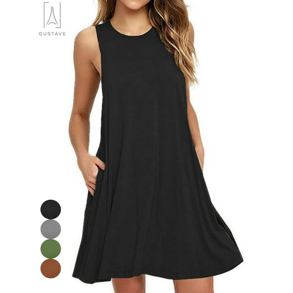 Gustave Women Fashion Sleeveless O-neck Print Casual Loose Mini Dress Summer Party Swing Tank Dress with Pockets "Black, S"