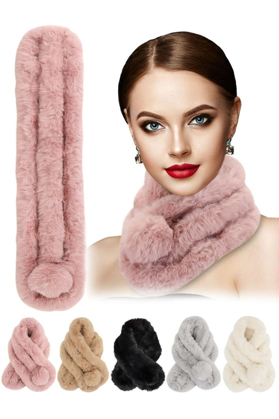 Women Faux Fur Collar Scarf Winter Warm Plush Fluffy Short Scarves Soft Cozy Loophole Scarf Neck Warmer with Pom Poms "Black"