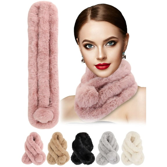 Gustave Women Faux Fur Collar Scarf Winter Warm Plush Fluffy Short Scarves Soft Cozy Loophole Scarf Neck Warmer with Pom Poms "Pink"