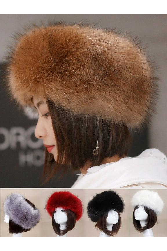 Women Faux Fur Headband with Elastic Winter Warm Earwarmer Earmuffs Thick Fluffy Ski Hats Russian Cap "Black"