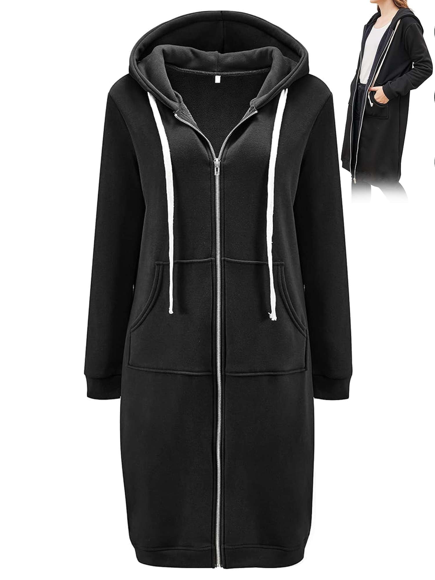 Gustave Women Full Zip Up Hoodie Oversized Long Tunic Sweatshirts Casual Fleece Hooded Jacket Fashion Winter Coats Outerwear with Pockets "Black, XL"