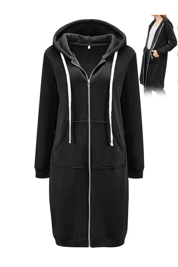 Women Full Zip Up Hoodie Oversized Long Tunic Sweatshirts Casual Fleece Hooded Jacket Fashion Winter Coats Outerwear with Pockets "Black, XL"
