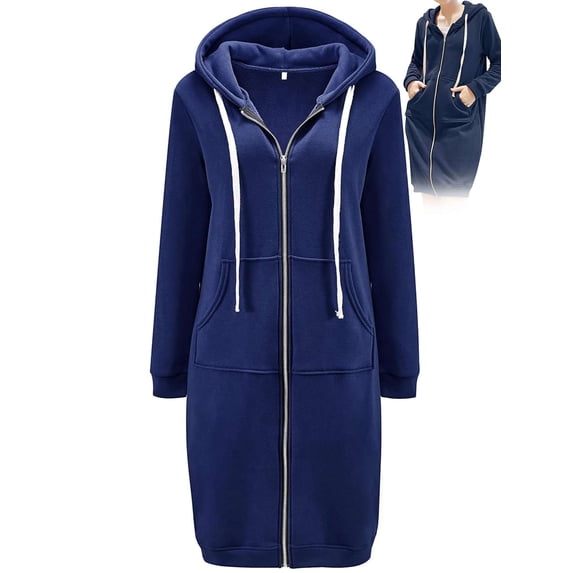 Gustave Women Full Zip Up Hoodie Oversized Long Tunic Sweatshirts Casual Fleece Hooded Jacket Fashion Winter Coats Outerwear with Pockets "Navy, 2XL"
