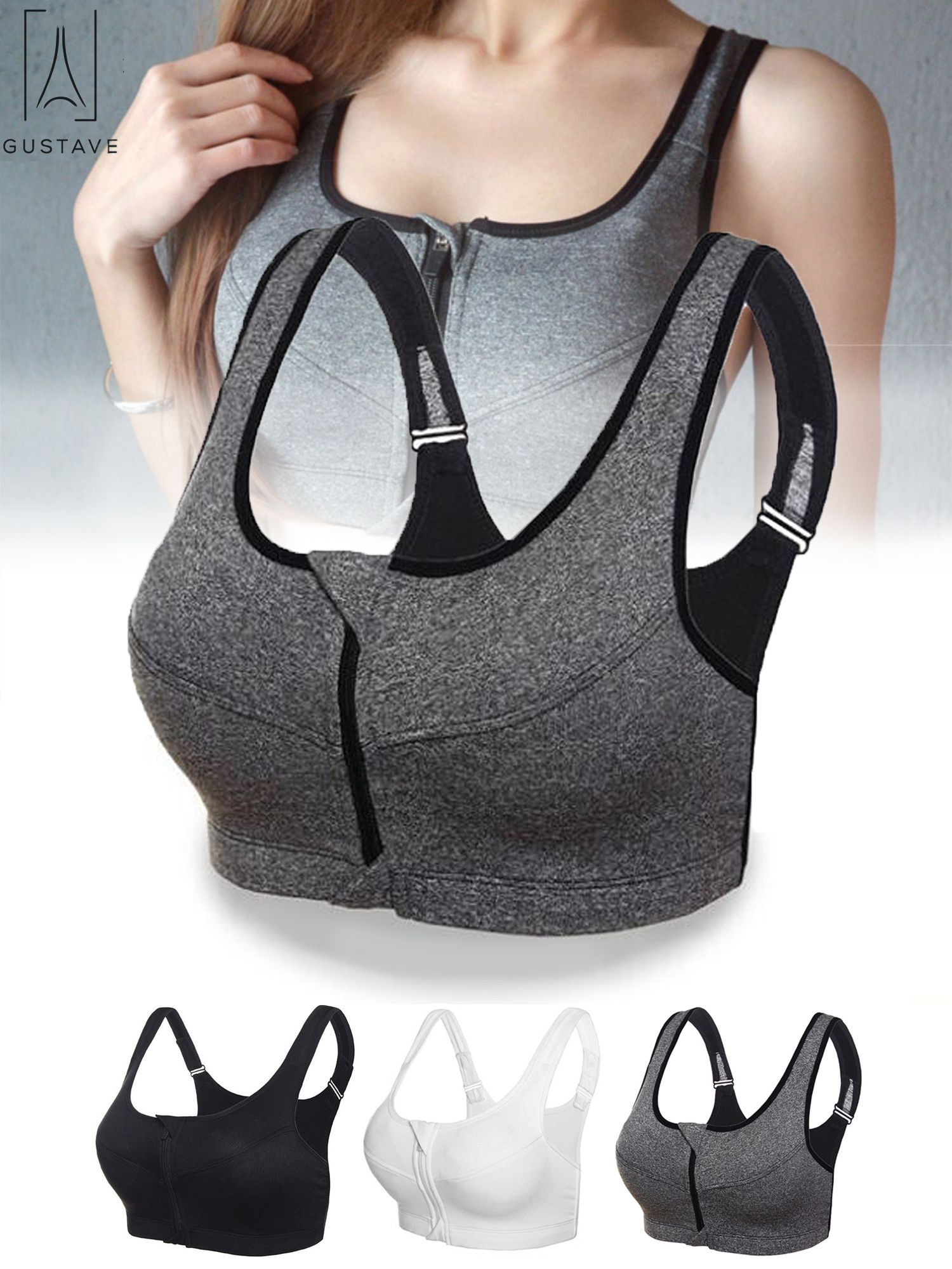Gustave Women High Impact Front Zip Sports Bra Push Up Padded Workout Yoga Bras Wirefree Shockproof Fitness Vest Tops "Gray,L" - image 1 of 10