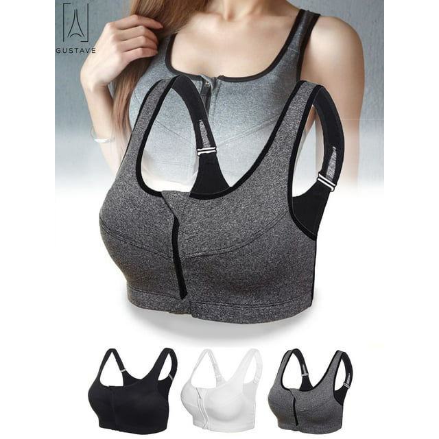 Gustave Women High Impact Front Zip Sports Bra Push Up Padded Workout Yoga Bras Wirefree Shockproof Fitness Vest Tops "Gray,L"