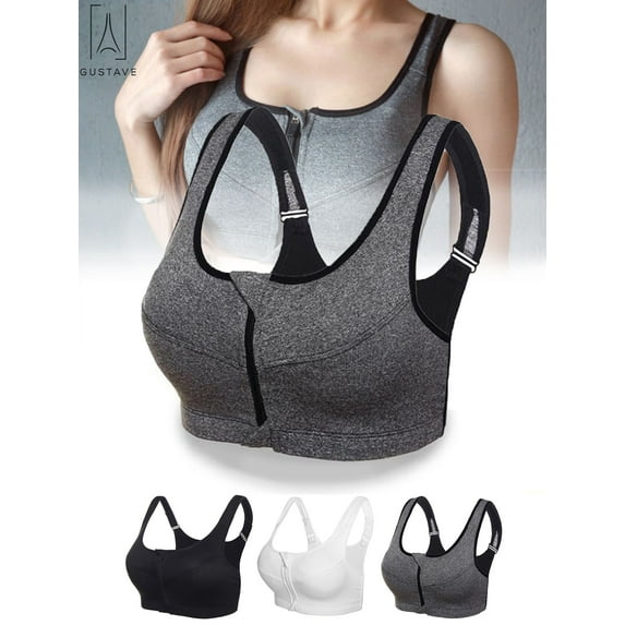 Gustave Women High Impact Front Zip Sports Bra Push Up Padded Workout Yoga Bras Wirefree Shockproof Fitness Vest Tops "Gray,XL"