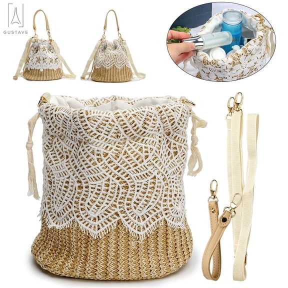 Gustave Women Lace Tote Handbag Summer Straw Woven Beach Bag Straw Crossbody Bucket Purse Summer Bohemia Drawstring Rattan Shoulder Satchel