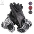 thumbnail image 1 of Gustave Women Leather Touch Screen Gloves Thermal Lining Faux Fur Cuffs Motorcycle Driving Winter Warm Gloves Full Finger Mitten "Black", 1 of 9