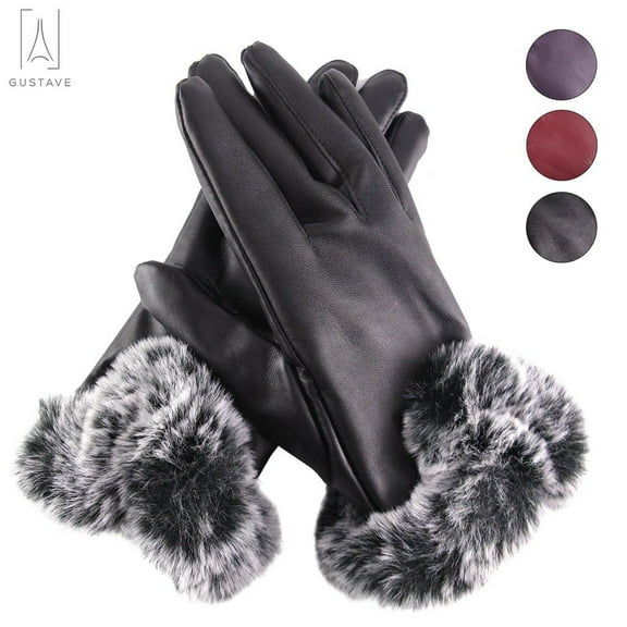 Gustave Women Leather Touch Screen Gloves Thermal Lining Faux Fur Cuffs Motorcycle Driving Winter Warm Gloves Full Finger Mitten "Black"