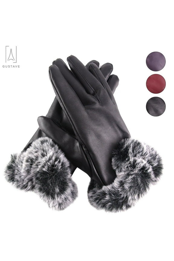 Women Leather Touch Screen Gloves Thermal Lining Faux Fur Cuffs Motorcycle Driving Winter Warm Gloves Full Finger Mitten "Black"
