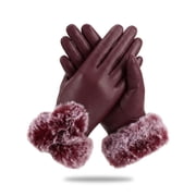 Gustave Women Leather Touch Screen Gloves Thermal Lining Faux Fur Cuffs Motorcycle Driving Winter Warm Gloves Full Finger Mitten "Red"
