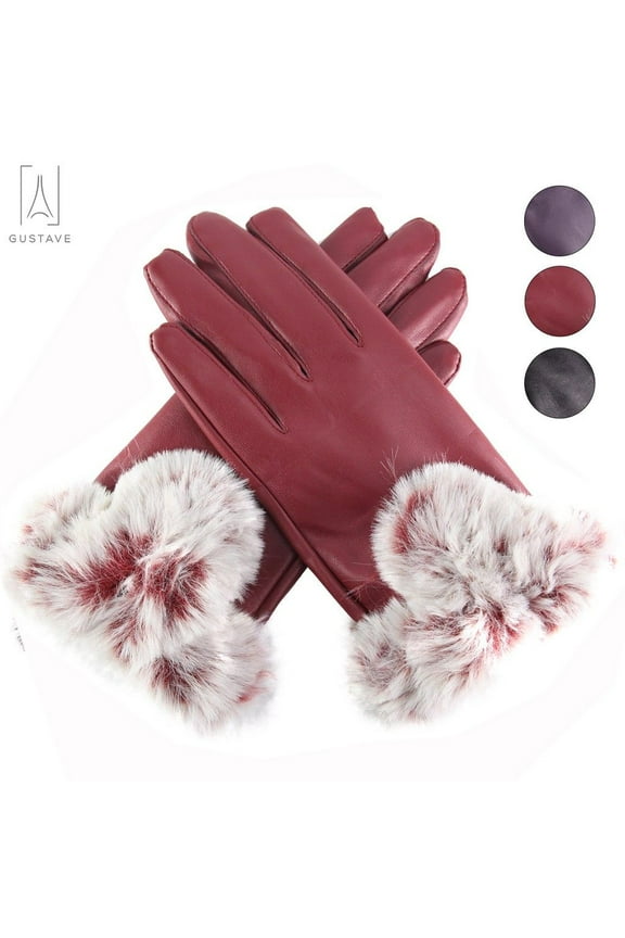 Women Leather Touch Screen Gloves Thermal Lining Faux Fur Cuffs Motorcycle Driving Winter Warm Gloves Full Finger Mitten "Red"