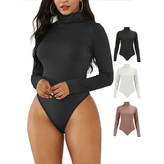 Gustave Women Long Sleeve Turtle Neck Bodysuit Jumpsuit Sexy Casual Slim Tops Solid Basic T-Shirts "Black, L"