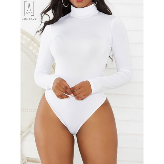 Gustave Women Long Sleeve Turtle Neck Bodysuit Jumpsuit Sexy Casual Slim Tops Solid Basic T-Shirts "White, L"