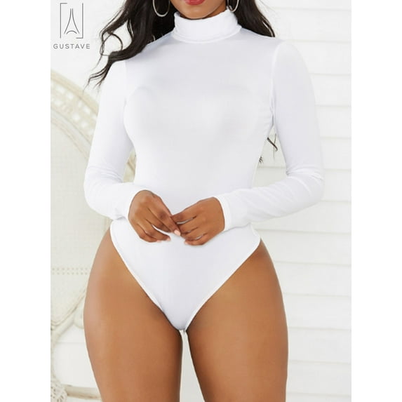 Gustave Women Long Sleeve Turtle Neck Bodysuit Jumpsuit Sexy Casual Slim Tops Solid Basic T-Shirts "White, M"