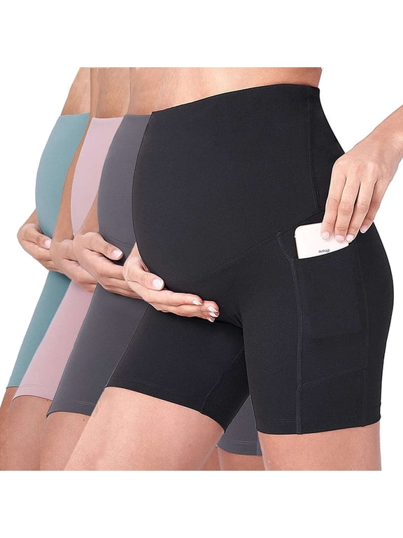 Women Maternity Yoga Shorts Over the Belly Workout Running Active Pregnant Athletic Short Pants Leggings with Pockets "Black, M"