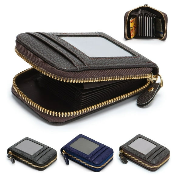 Gustave Women Men Leather Credit Card Holder RFID Blocking Spacious Zipper Card Wallet Small Purse with ID Window Pocket (Black)