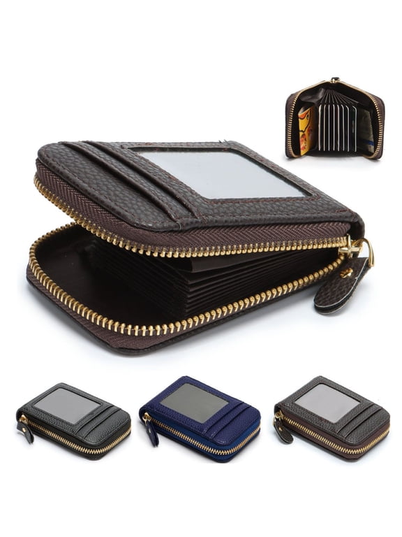 Women Men Leather Credit Card Holder RFID Blocking Spacious Zipper Card Wallet Small Purse with ID Window Pocket (Blue)