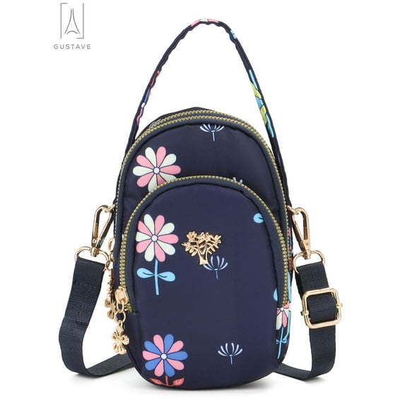 Gustave Women Mini Crossbody Bag Cell Phone Pouch Purse Printing Shoulder Handbag Wallet with Adjustable Strap, Blue Flower