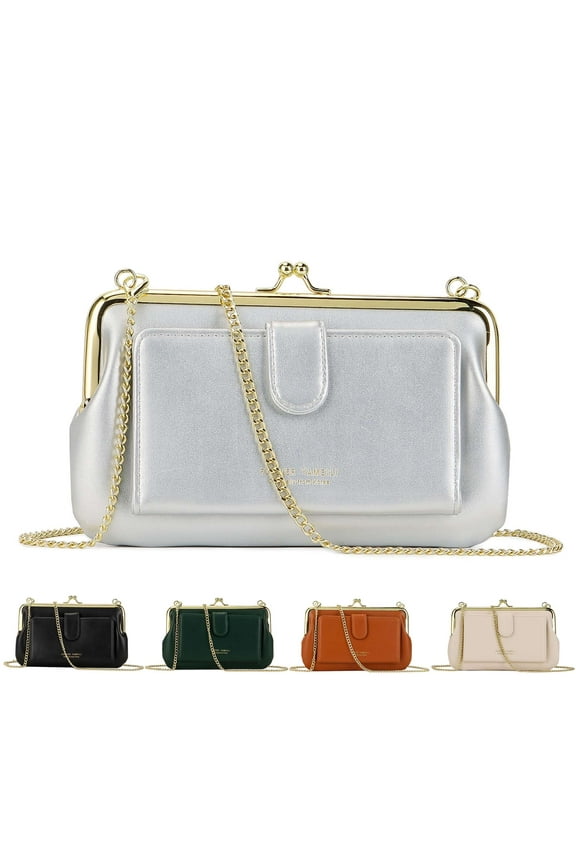 Women PU Leather Crossbody Clutch Purse Evening Bag Clasp Handbag Small Shoulder Bag Wallet with Chain Strap for Daily Wedding Party "Silver"