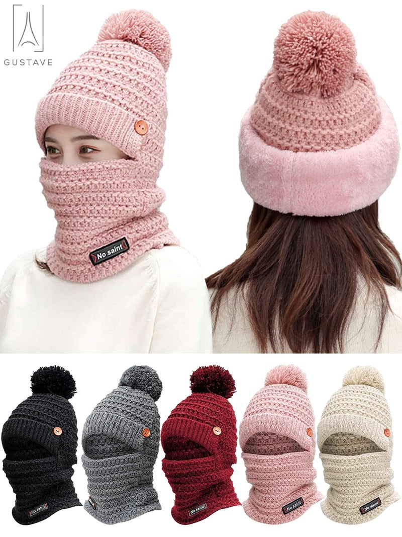 Fleece Lined Balaclava Beanie Set, One-Piece Winter Mask for Outdoor Activities Women Winter Beanie Hats One Piece Fleece Lined Knit  main image 4