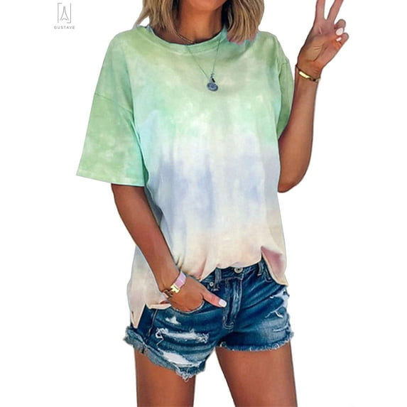 Gustave Women Short Sleeve Tie Dye Tops Crew Neck Basic T Shirts Summer Casual Loose Blouse Tee Plus Size "Green, 3XL"