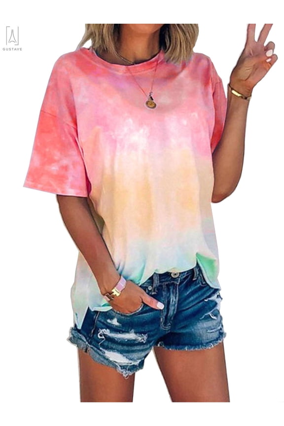Women Short Sleeve Tie Dye Tops Crew Neck Basic T Shirts Summer Casual Loose Blouse Tee Plus Size "Red, 2XL"