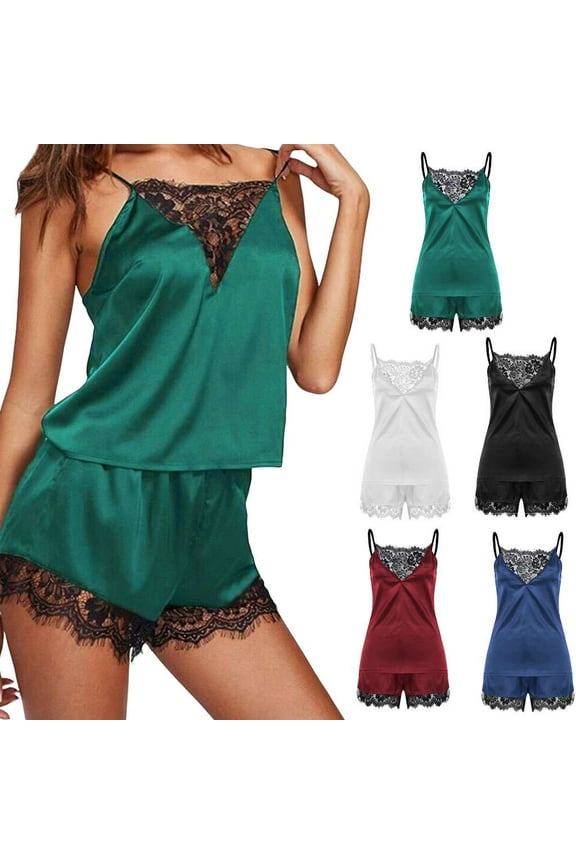Women Silk Satin Cami Shorts Pajamas Set Sexy Lace Sleepwear Lingerie Ladies V Neck Camisole Nightwear "Green, XL"