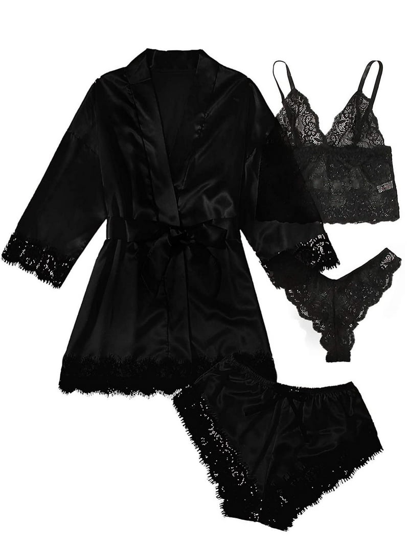 Robe Bralette Sleepwear Gustave Women Silk Satin Pajama Set 4Pcs Sexy Lingerie Floral Lace