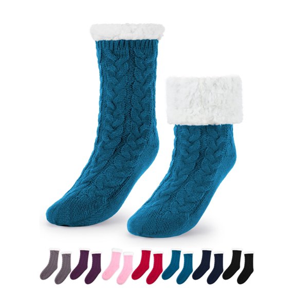 Gustave Women Slipper Socks with Grippers, Non Slip Winter Plush Warm Socks Thermal Cozy Sherpa Lined Fluffy Fuzzy Socks "Lake Blue"