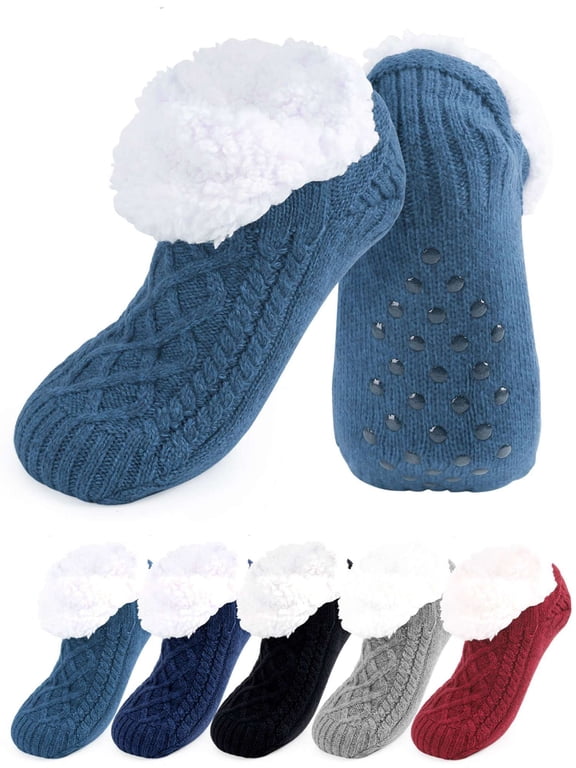 Women Slipper Socks with Grippers, Winter Non Slip Fleece Lined Ankle Socks Thick Plush Warm Socks Thermal Cozy Fluffy Fuzzy Socks "Blue"