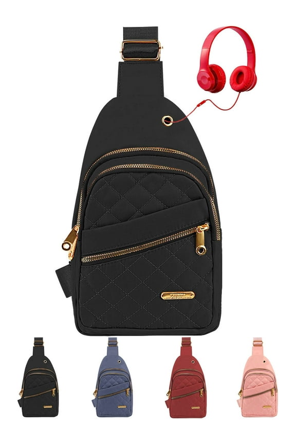 Women Small Sling Bag Casual Quilted Crossbody Sling Backpack Nylon Waterproof Fanny Pack Purse Chest Shoulder Daypack for Travel Hiking "Black"