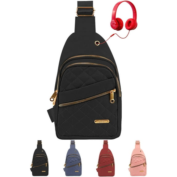 Gustave Women Small Sling Bag Casual Quilted Crossbody Sling Backpack Nylon Waterproof Fanny Pack Purse Chest Shoulder Daypack for Travel Hiking "Black"