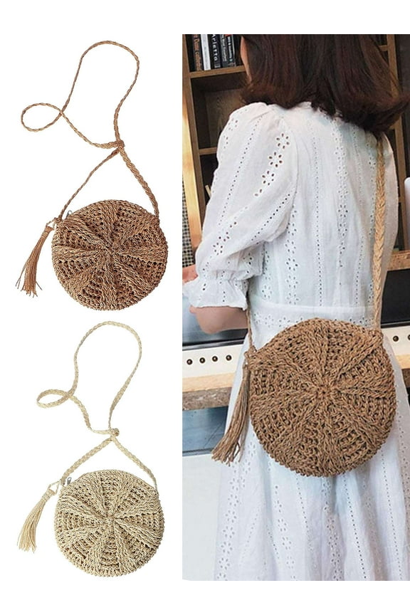 Women Straw Bags Handmade Woven Bag Summer Beach Rattan Shoulder Bag Sling Crossbody Purse with Tassels Bohemia Handbag (Beige)