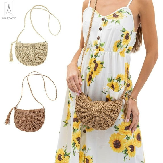 Gustave Women Straw Bags Handmade Woven Bag Summer Beach Rattan Shoulder Bag Sling Crossbody Purse with Tassels Bohemia Handbag (Khaki)