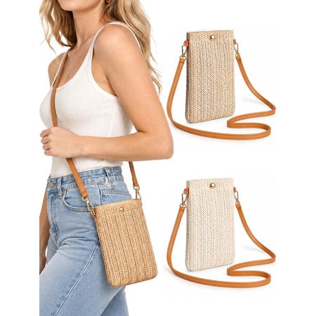 Gustave Women Straw Crossbody Shoulder Bag Small Cell Phone Purse Summer Beach Woven Rattan Bags Casual Mini Satchel Pouch "Dark Beige"