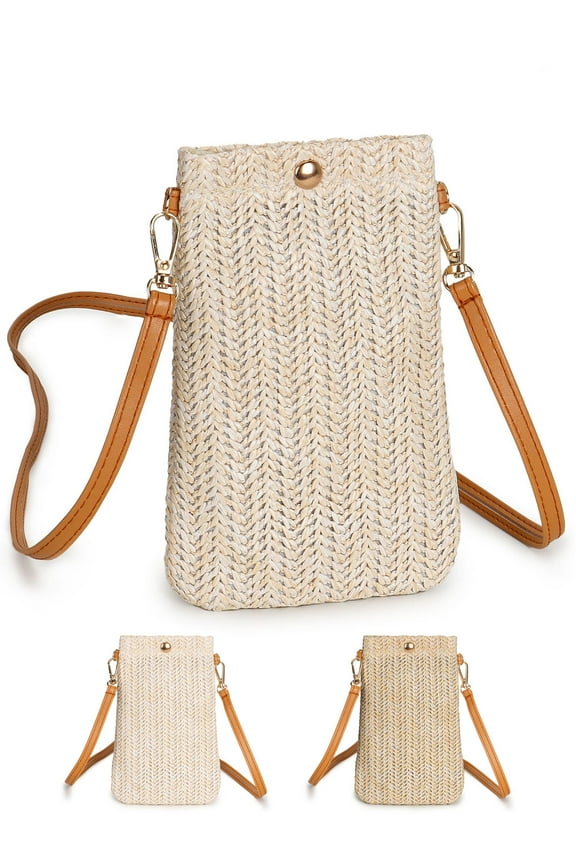 Women Straw Crossbody Shoulder Bag Small Cell Phone Purse Summer Beach Woven Rattan Bags Casual Mini Satchel Pouch "Light Beige"