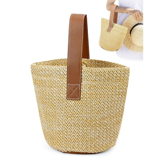 Gustave Women Straw Woven Beach Bag Summer Bucket Handbags Tote Purse Vintage Top Handle Rattan Bags for Travel Vocation "Khaki"