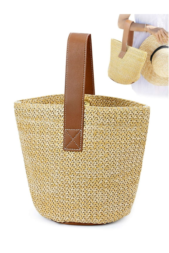 Women Straw Woven Beach Bag Summer Bucket Handbags Tote Purse Vintage Top Handle Rattan Bags for Travel Vocation "Khaki"