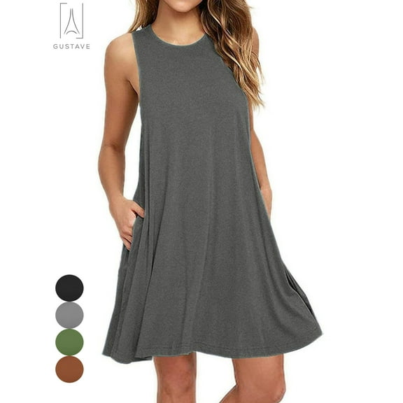 Gustave Women Summer Casual T Shirt Dresses Sleeveless Pure Color Pleated Loose Tank Tops Dress with Pocket (Gray, S)