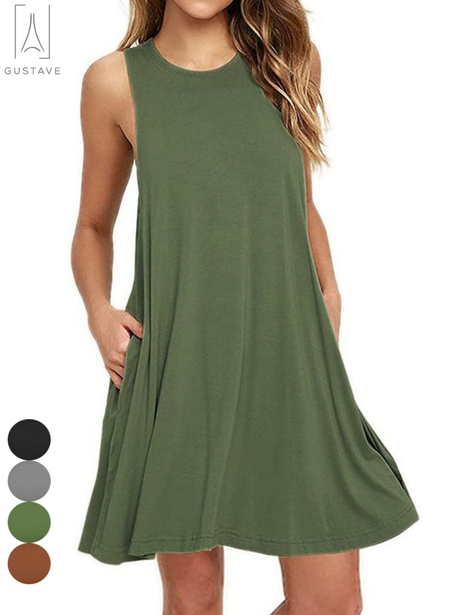 tank top t shirt dress Gustave Women Summer Casual T Shirt Dresses Sleeveless Pure Color Pleated Loose Tank Tops Dress with Pocket (Gray, S)