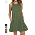 thumbnail image 1 of Gustave Women Summer Casual T Shirt Dresses Sleeveless Pure Color Pleated Loose Tank Tops Dress with Pocket (Green, L), 1 of 7