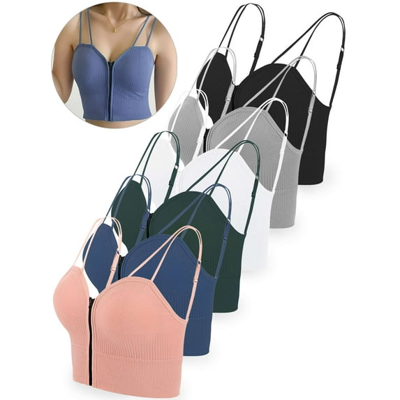 Gustave Women Summer Crop Tank Tops Spaghetti Strap Cami Shirts Sleeveless Front Zip Padded Camisole Sexy V Neck Clubwear Blouses "Gray"